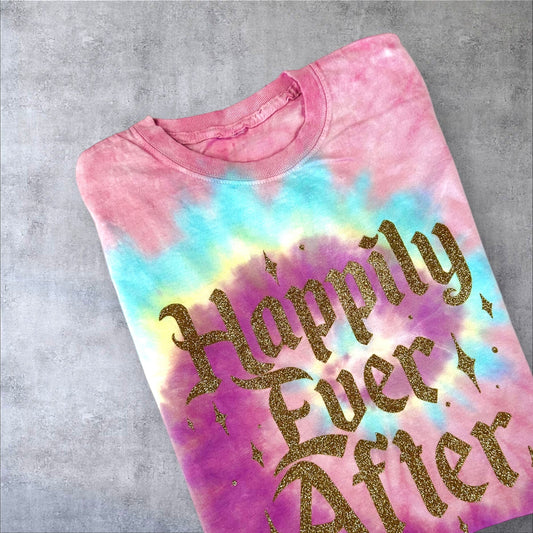 Small Pastel Tie Dye Happily Ever After t-shirt with gold glitter